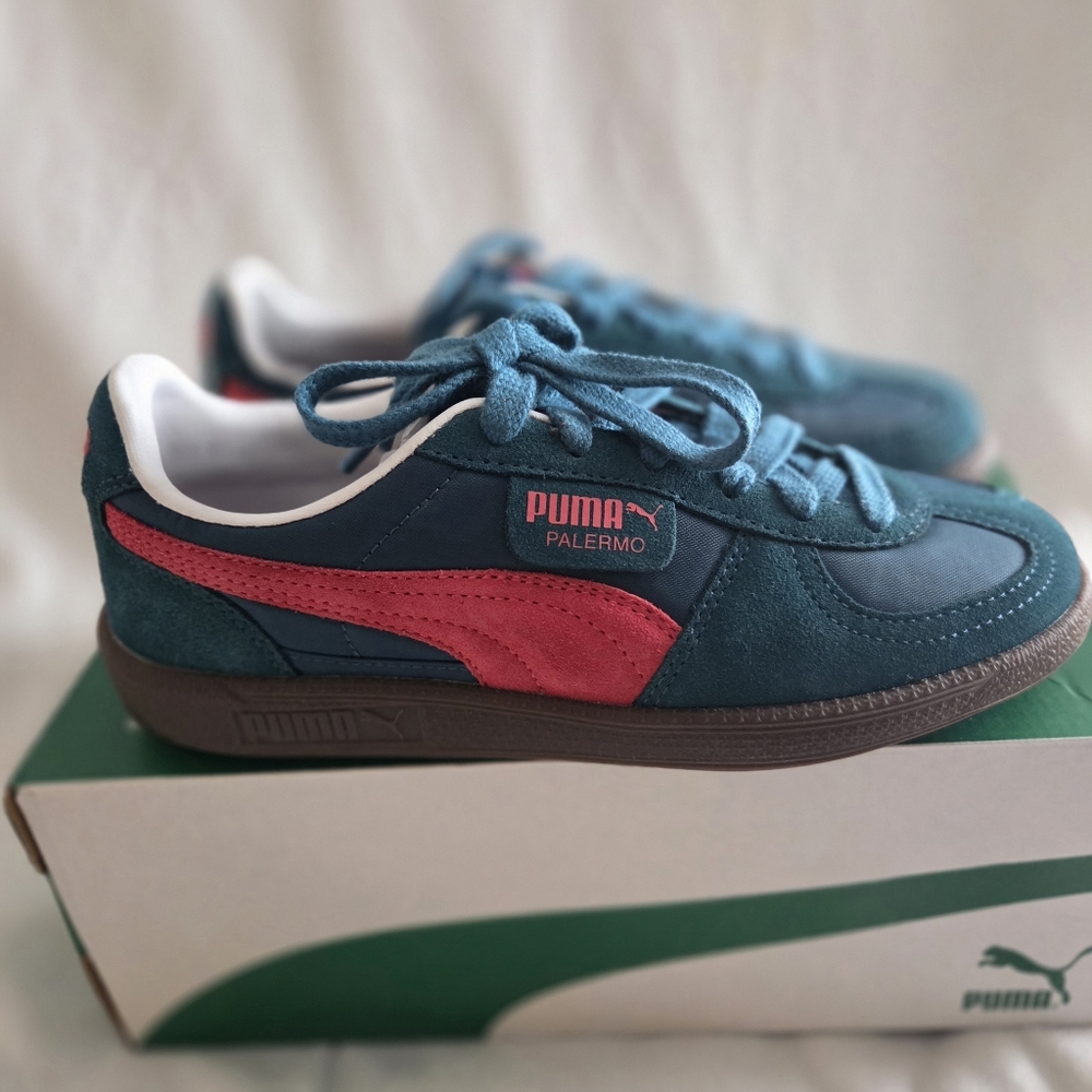 PUMA Palermo Play Paris Suede Sneakers Lace Up Women Green/Cherry US Sz 7 NIB